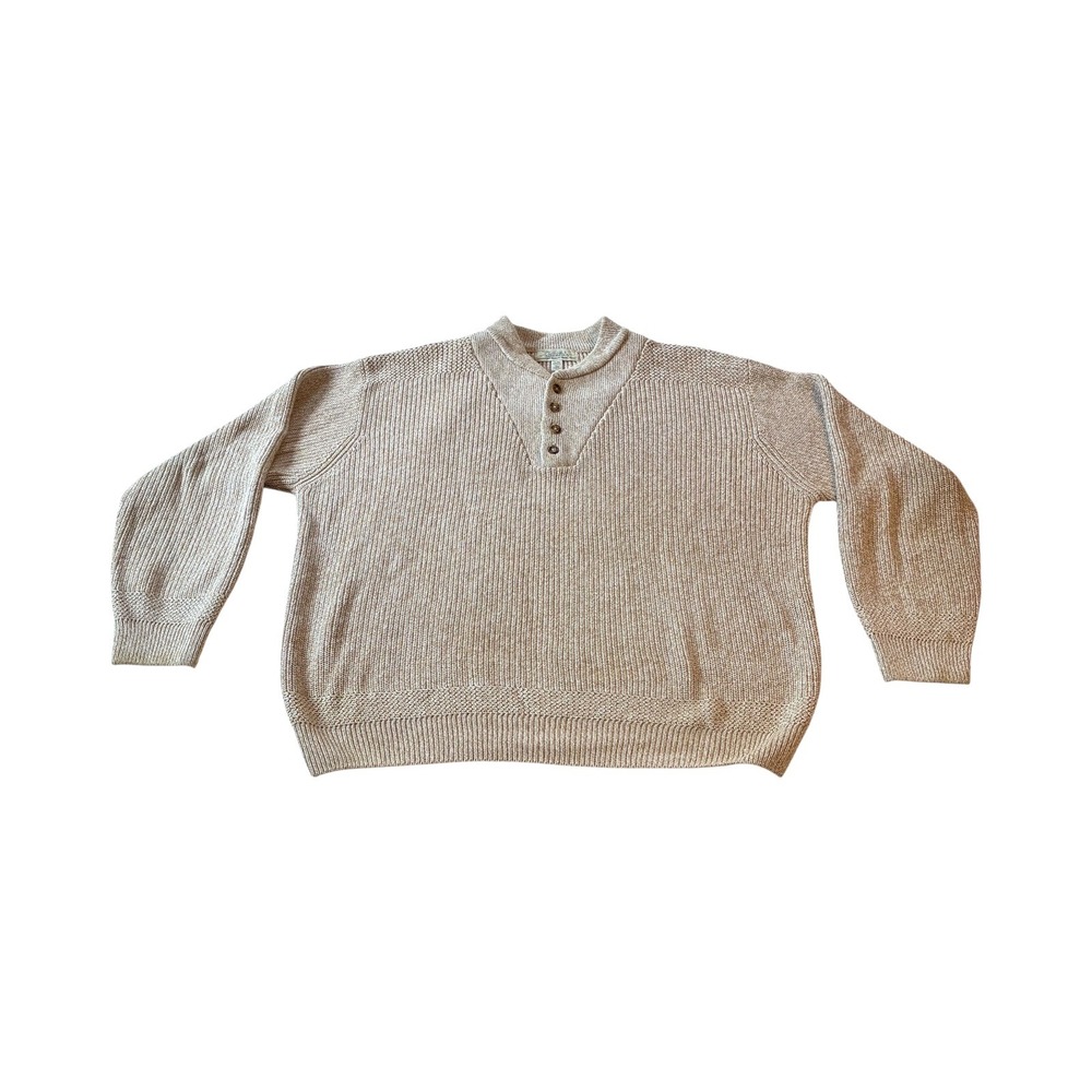 Cabela's Mens XL Beige‎ Button Neck Cotton Knit Sweater Ribbed Fisherman
